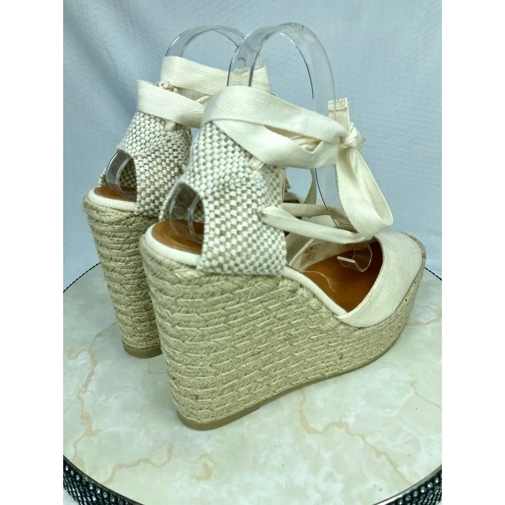 Polo Ralph Lauren Canvas Lace Up Espadrille Wedge Sandals Womens Sz 9 Ivory NWT